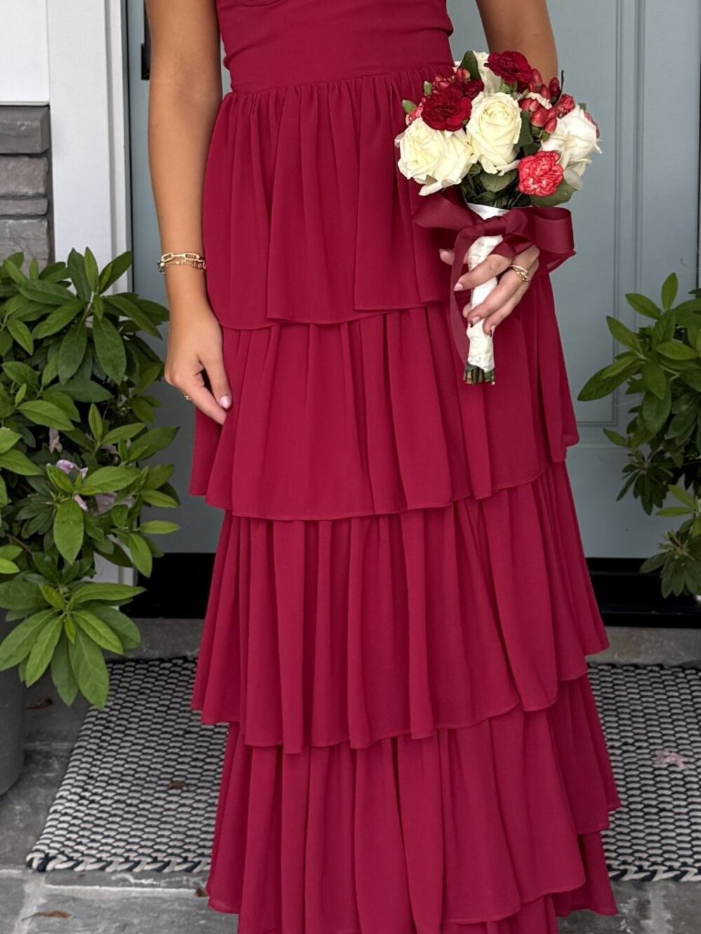 Lovers and Friends Hattie Gown XS in Deep Red tiered maxi flowy strapless dress - Picture 4 of 4